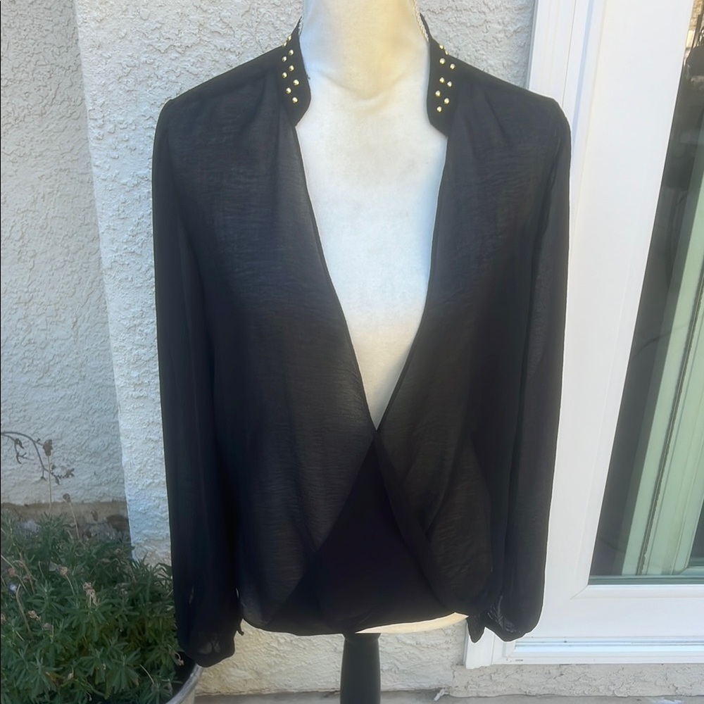 Lovestitch Black Sheer Long Sleeve Gold Stud Surplice Blouse Women's Size M
